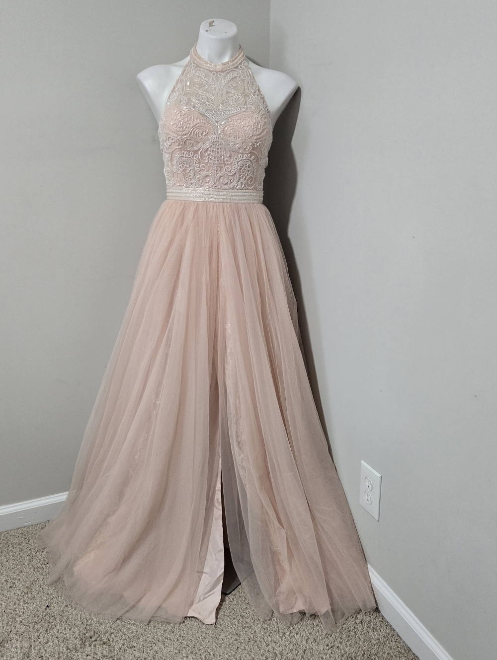 Sz 4 (may fit 2) Sherri Hill Light Peachy Pink Beaded Halter Ball Gown with Lace